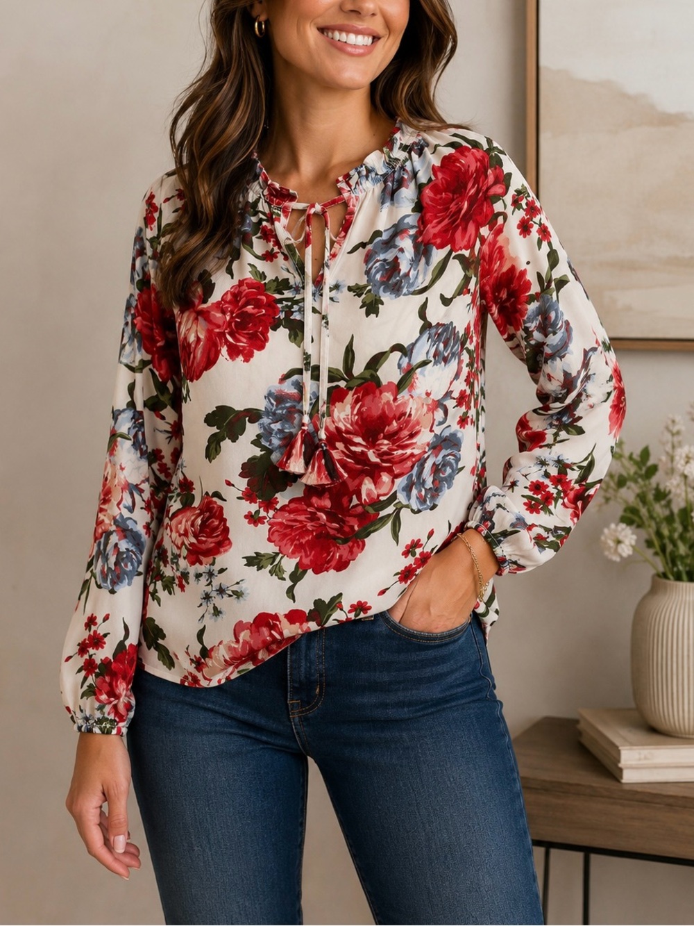 LOFT Floral Peasant Blouse Tassel Tie Long Sleeve Top Size XSP